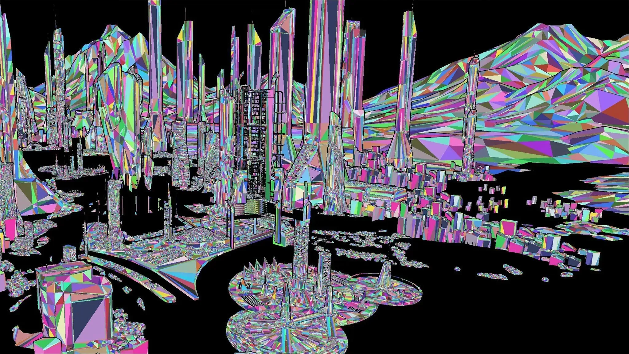 A futuristic cityscape with buildings and spacecraft.