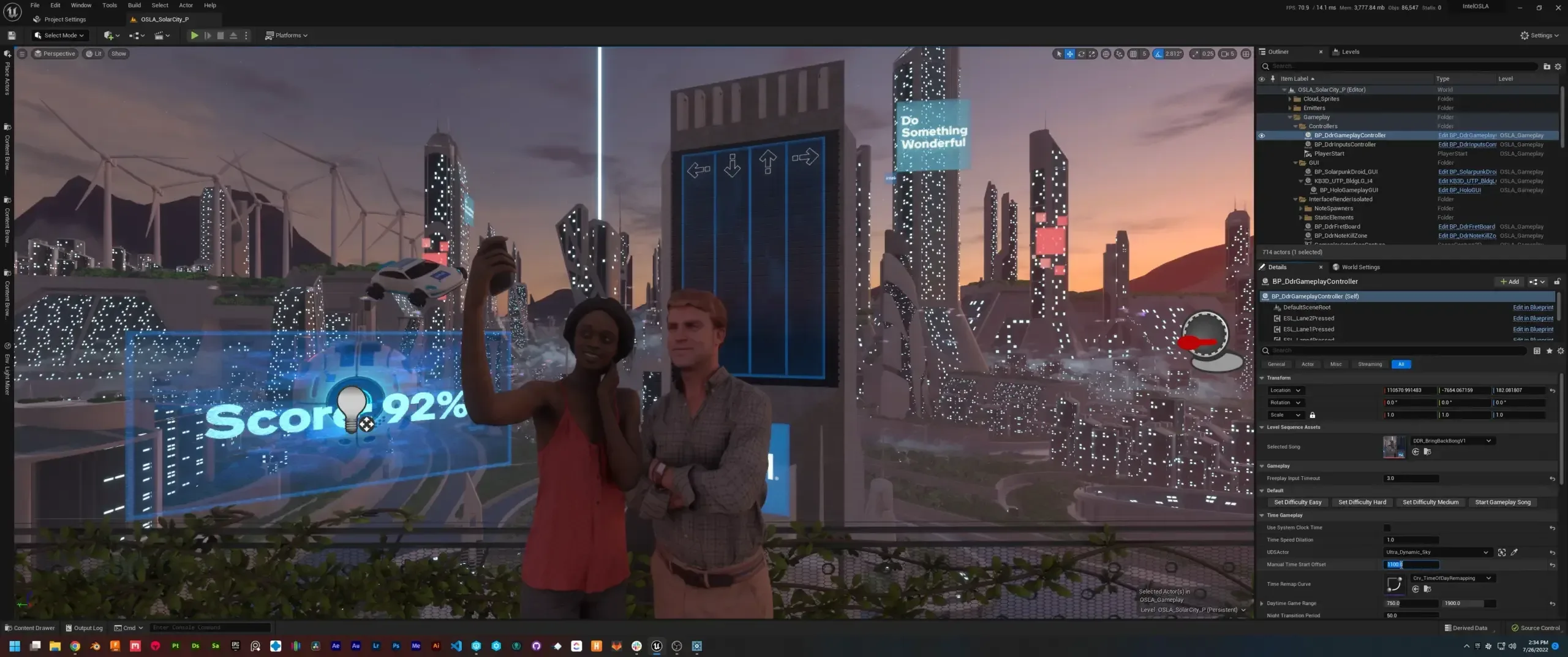 A man and woman are standing in front of a cityscape, both holding cell phones.