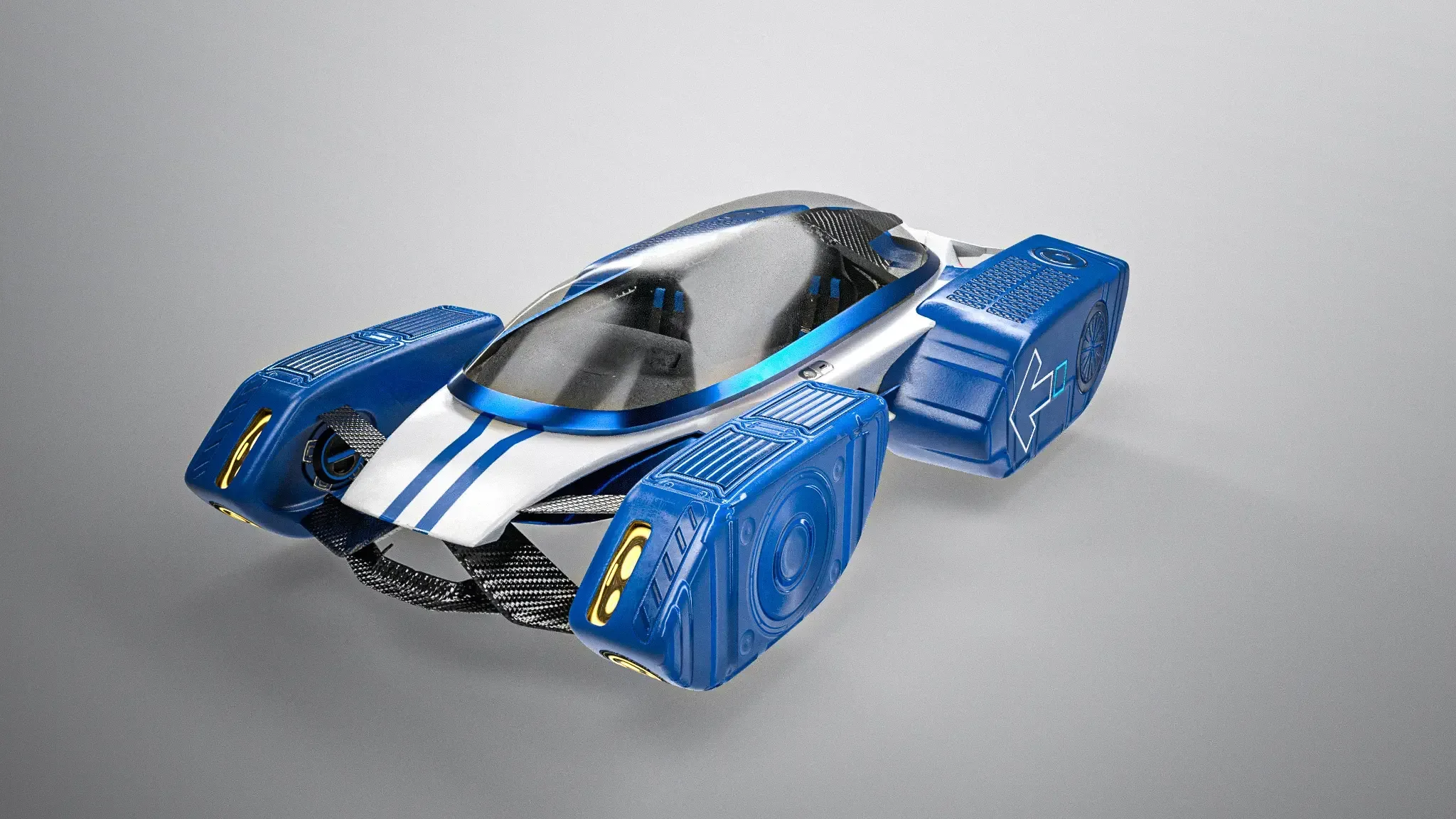 A blue and white toy car is displayed on a gray background.